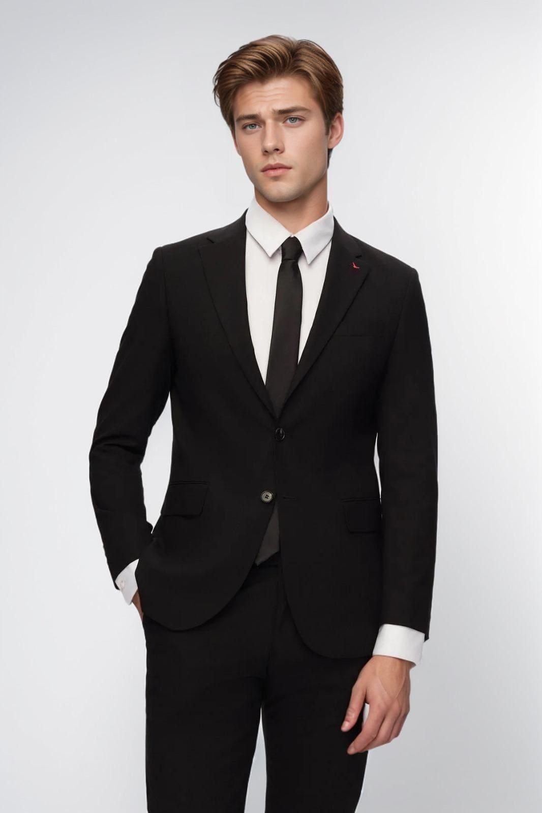 Slim Fit Schwarz Einfarbig Monokragen Doppelt geschlitzt Futter Anzug