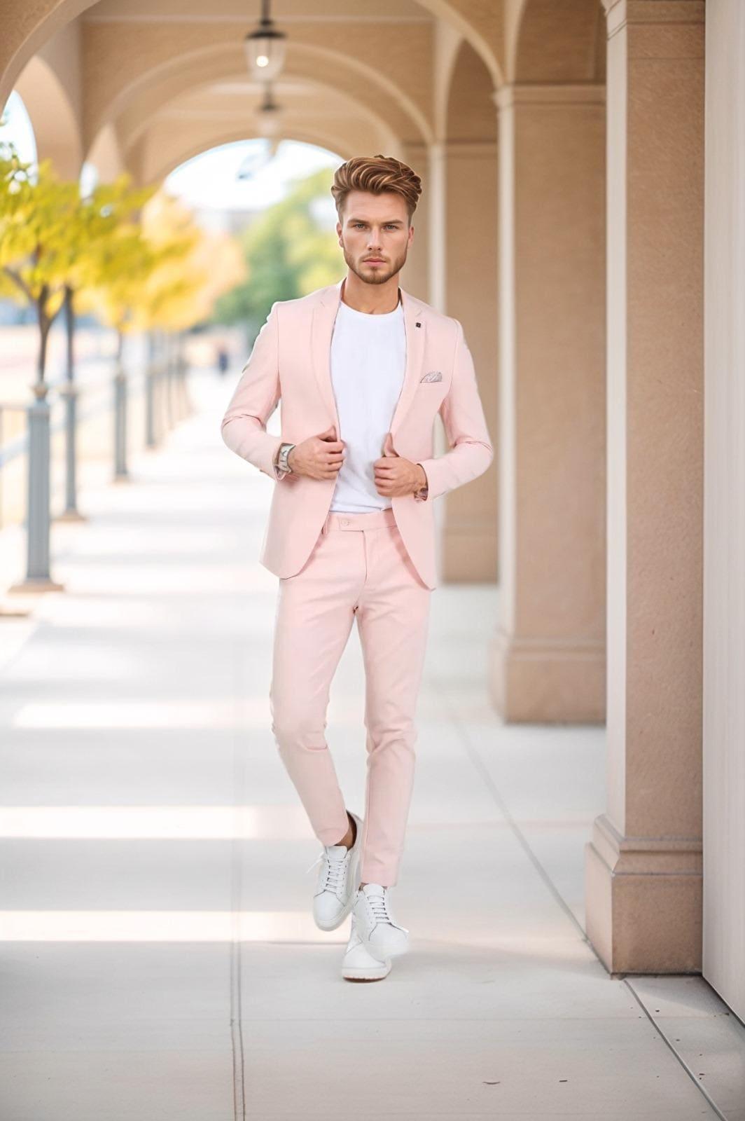 Traje rosa suave, sutil y chic